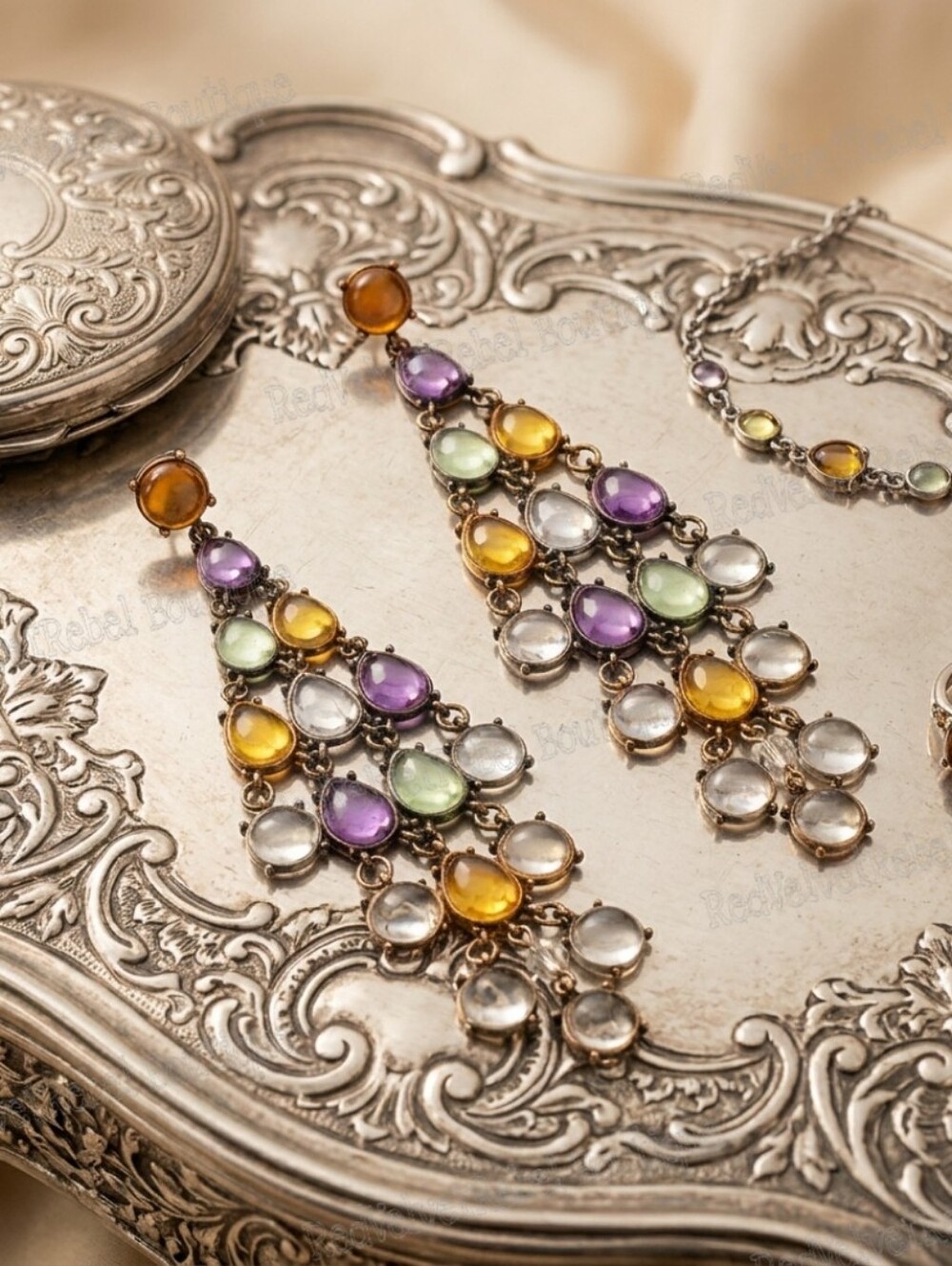 NWT Oversized Handcrafted Bohemian Multi-color Crystal Gold Chandelier Earrings